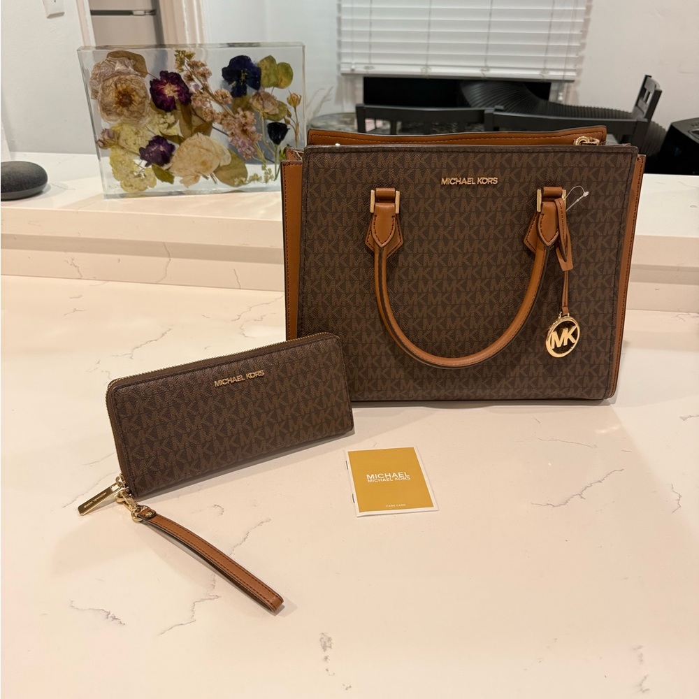 Michael Kors Large Brown Satchel and Wristlet Wallet